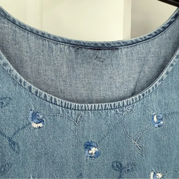 Embroidered Denim Maxi Dress Sleeveless Scoop Neck Size L - Picture 5 of 10